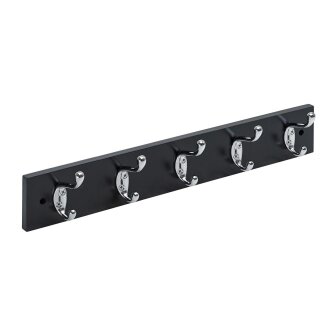 HETTICH Holzgarderobe, 5 Haken, 500 x 80 x 75mm, Holz lackiert, schwarz, verchromt