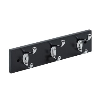 HETTICH Holzgarderobe 3 Haken, 300 x 80 x 75 mm, Holz lackiert, schwarz, verchromt
